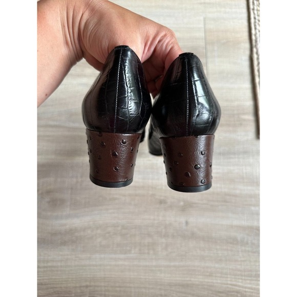 Anyi Lu Black Leather Crocodile & Ostrich Block Heels - Size 41/ Womens 11 - Picture 4 of 5